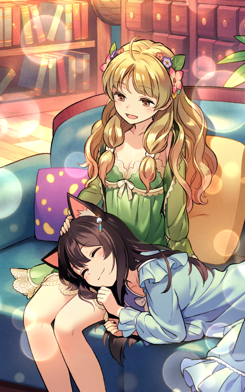 2girls :3 animal_ear_fluff animal_ears atelier_(series) atelier_ayesha atelier_resleriana ayesha_altugle black_hair blonde_hair book bookshelf breasts brown_eyes cat_ears chemise cleavage closed_eyes couch flower funuyu hair_flower hair_ornament hand_on_another&#039;s_head highres indoors izana_kokoschka lap_pillow long_hair looking_at_another lying lying_on_lap multiple_girls non-web_source official_art on_couch on_side open_mouth pajamas pillow pink_flower purple_flower sitting sleeping sleeping_on_person slice_of_life smile wooden_floor