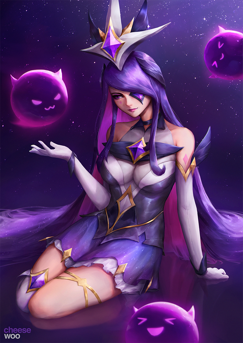 1girl artstation_username asymmetrical_legwear breasts bridal_gauntlets cheesewoo choker elbow_gloves eyepatch facial_mark frilled_skirt frills full_body gloves hair_ornament hand_up highres jewelry large_breasts league_of_legends lips long_hair looking_at_object magical_girl official_alternate_costume purple_eyes purple_hair purple_skirt single_thighhigh sitting skirt sky solo star_(sky) star_(symbol) star_guardian_(league_of_legends) star_guardian_syndra starry_sky starry_sky_background syndra thighhighs thighlet very_long_hair yokozuwari