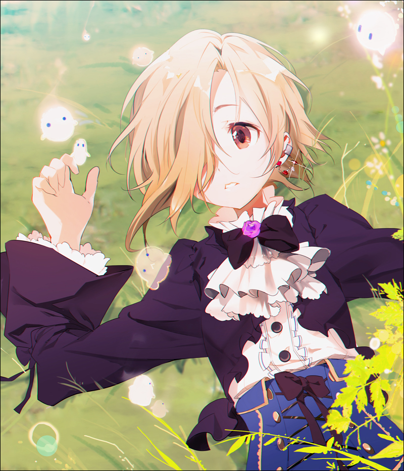 10s 1girl bags_under_eyes blonde_hair brown_eyes corset dress ear_piercing earrings female_focus grass hair_over_one_eye idolmaster idolmaster_cinderella_girls jewelry long_sleeves lying naye on_back open_mouth piercing shirasaka_koume short_hair solo