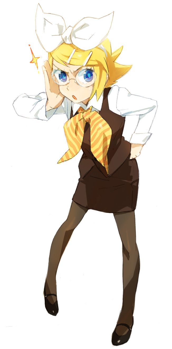 1girl adjusting_eyewear black_pantyhose blonde_hair blue_eyes female_focus glasses hair_ornament hair_ribbon hairclip highres kagamine_rin mitosa office_lady pantyhose pencil_skirt ribbon short_hair skirt solo vocaloid