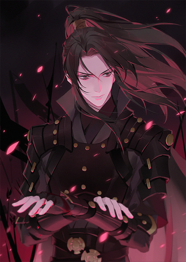 1boy armor belt black_hair brown_eyes closed_mouth crossed_arms fingerless_gloves gloves gu_yun high_ponytail long_hair looking_at_viewer male_focus petals ponytail reloon sha_po_lang shoulder_armor smile solo sword upper_body weapon