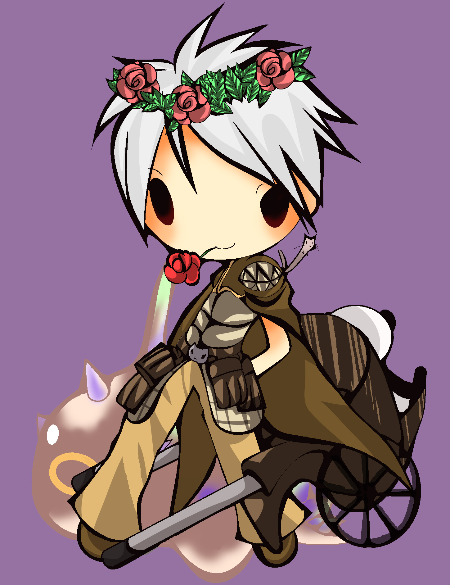 1boy 2000s_(style) belt brown_belt brown_cape brown_pants brown_shoes cape chibi chibi_only closed_mouth commentary_request creator_(ragnarok_online) flower flower_in_mouth full_body grey_hair grey_shirt head_wreath highres looking_at_viewer male_focus pants pink_flower pink_rose pullcart purple_background ragnarok_online red_flower rose shirt shoes short_hair simple_background smile solid_oval_eyes solo vanilmirth_(ragnarok_online) yu_(lilacxx)