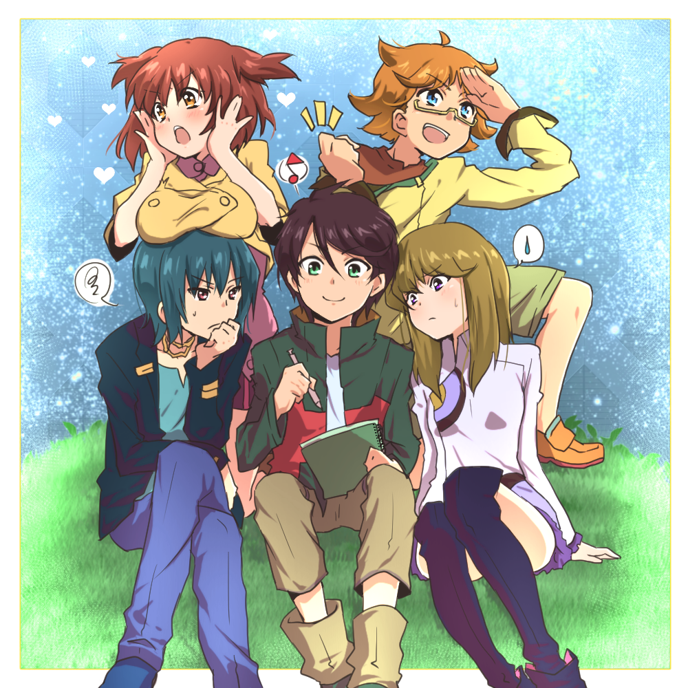 10s 2girls 3boys ankle_boots asagi_toshikazu bad_id bad_pixiv_id banchii black_hair blue_hair blush boots brown_eyes brown_hair everyone glasses hitachi_izuru irie_tamaki knee_boots kugimiya_kei majestic_prince multiple_boys multiple_girls pencil purple_eyes red_eyes short_hair sketchbook skirt suruga_ataru