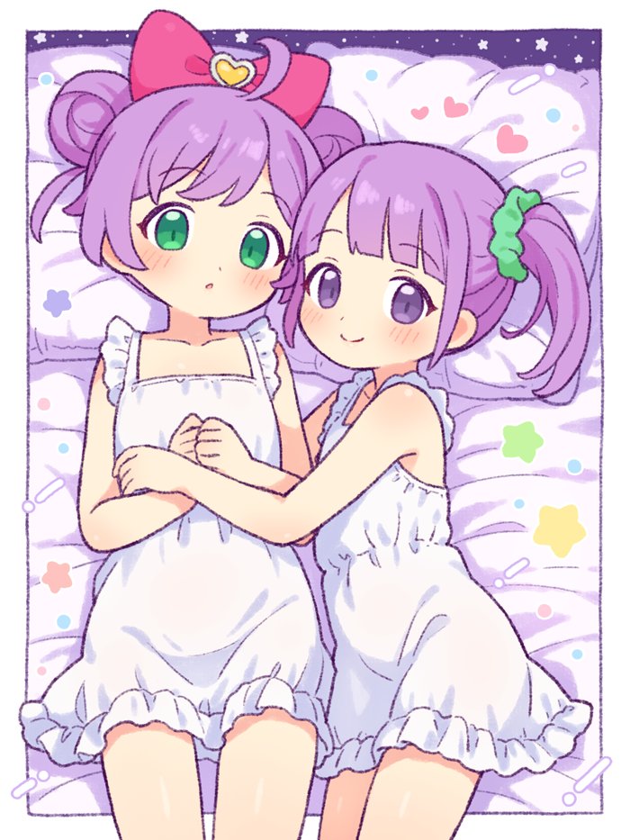 2girls :o ahoge blush border bow chemise closed_mouth collarbone commentary_request double_bun flat_chest frilled_chemise green_eyes green_scrunchie hair_bow hair_bun hair_ornament hair_scrunchie head_on_pillow hug looking_at_viewer lying manaka_laala manaka_laala_(normal) manaka_non manaka_non_(normal) medium_hair multiple_girls on_back on_bed on_side onyhakase outside_border pillow pink_bow pretty_series pripara purple_eyes purple_hair scrunchie short_hair siblings side_ponytail sisters smile split_mouth white_border white_chemise