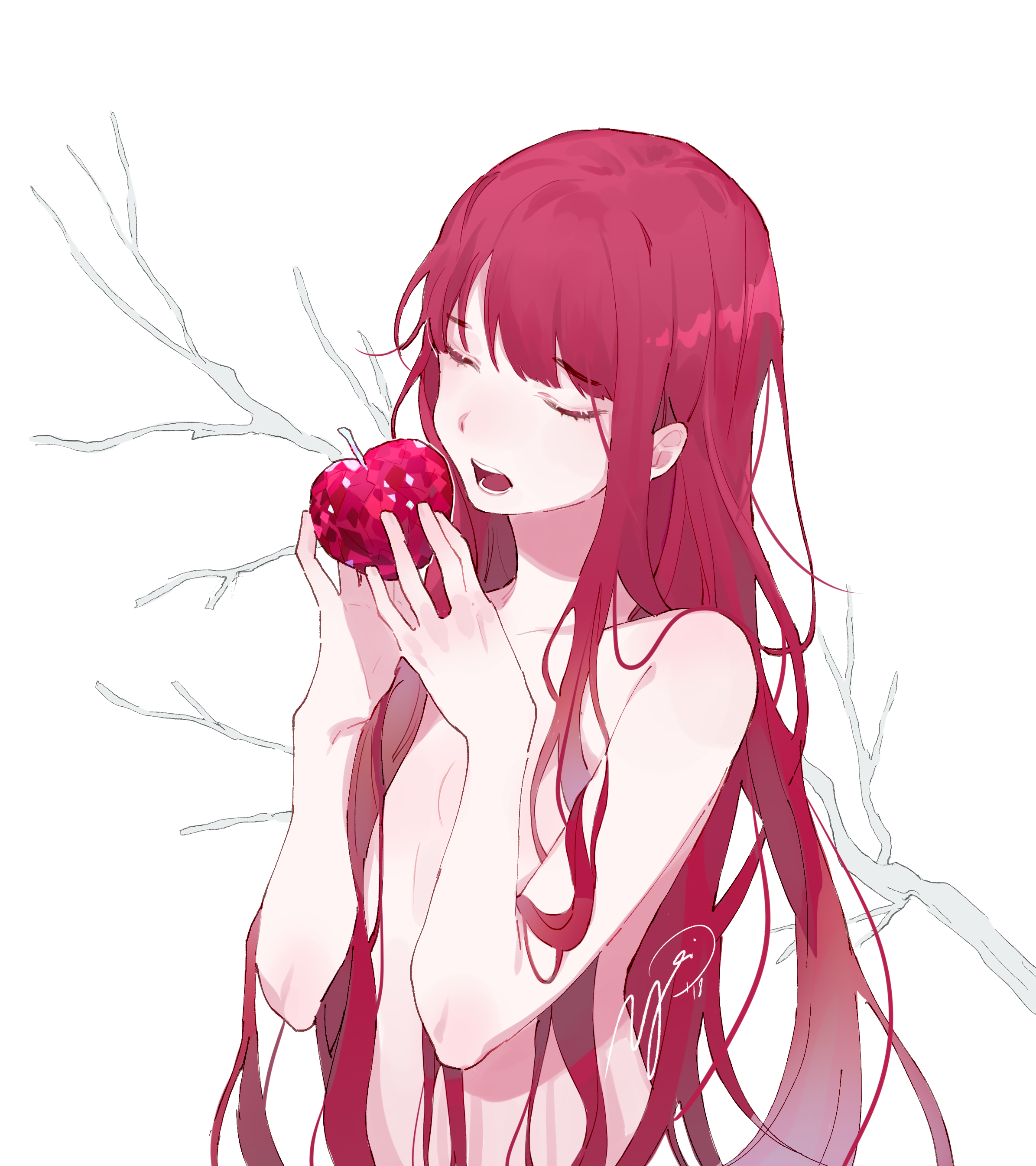 1girl absurdres apple branch closed_eyes collarbone completely_nude convenient_censoring crystal crystal_apple food fruit highres holding holding_food holding_fruit long_hair nude open_mouth original pink_theme red_hair signature solo teeth tongue very_long_hair white_background yoimon