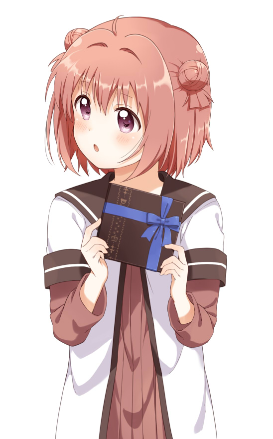 1girl ahoge akaza_akari double_bun dress gift hair_between_eyes hair_bobbles hair_bun hair_ornament nanamori_school_uniform open_mouth pink_hair purple_eyes red_hair sailor_dress school_uniform serafuku shikou_sakugo_(qqap9gt9k) short_hair solo valentine yuruyuri