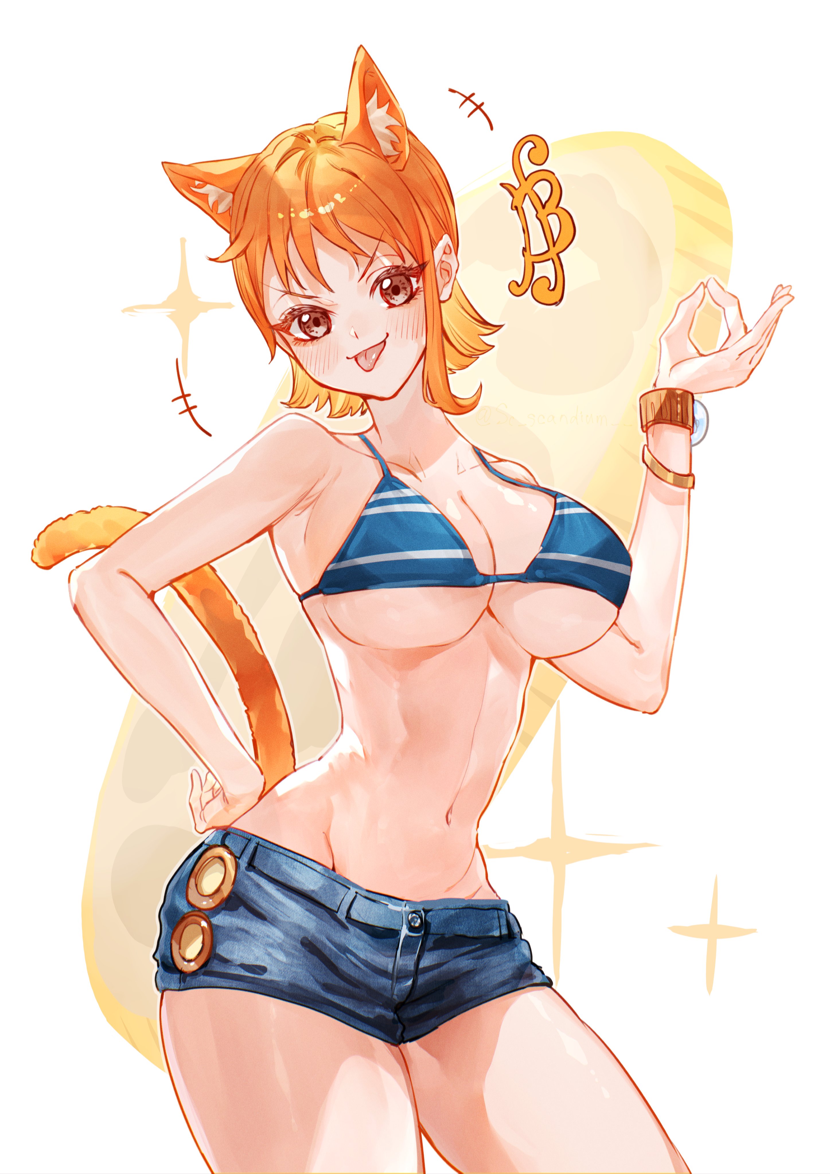 :p animal_ears armpits bikini bikini_top_only blush bracelet breasts cat_ears cat_girl cat_tail cleavage curvy denim hand_on_own_hip jewelry large_breasts log_pose looking_at_viewer nami_(one_piece) navel one_piece orange_hair sc_scandium short_hair short_shorts shorts smile swimsuit tail thighs tongue tongue_out underboob