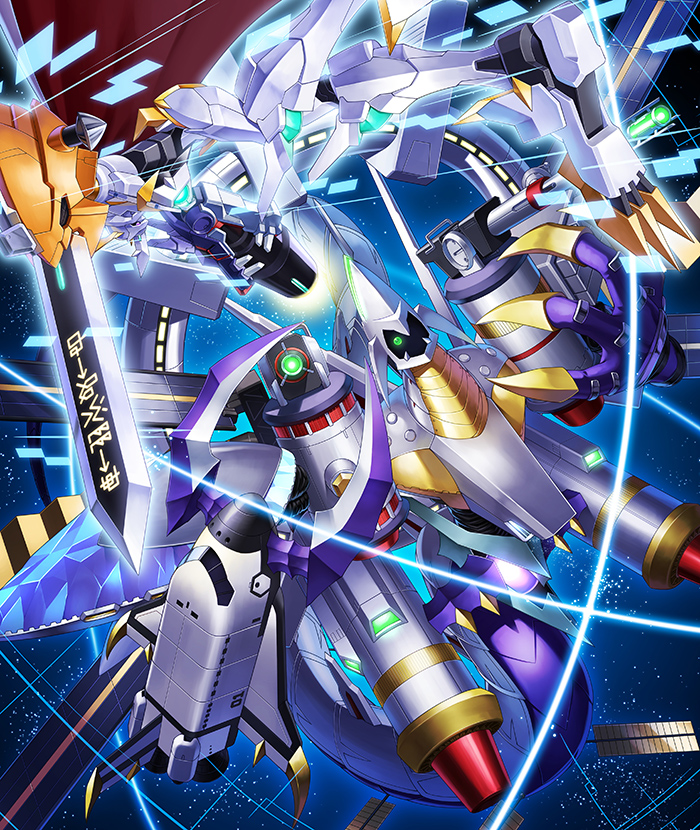 arm_blade arm_cannon digimoji digimon digimon_(creature) digimon_card_game digimon_liberator green_eyes kazuki_seihou mecha official_art omegamon omegamon_x-antibody one-eyed ragnamon robot shoulder_cannon space spacecraft translation_request weapon