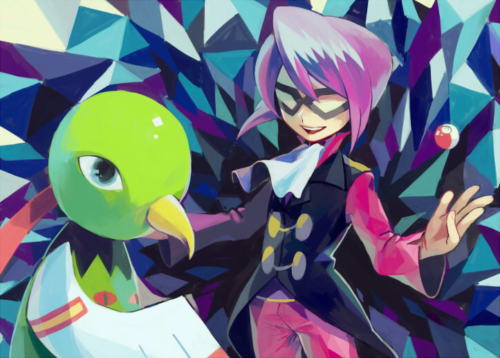 00s 1boy domino_mask elite_four formal_clothes gen_2_pokemon male_focus mask nintendo poke_ball pokemon pokemon_(creature) pokemon_hgss purple_hair smile tetsuko_(tetsuko009) will_(pokemon) xatu