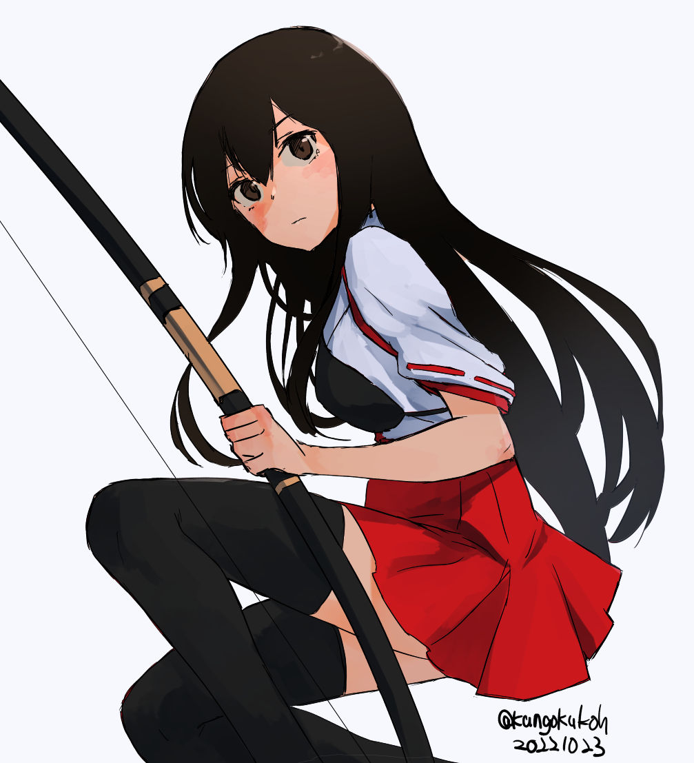 1girl akagi_(kancolle) black_hair black_thighhighs bow_(weapon) brown_eyes dated feet_out_of_frame hakama hakama_short_skirt hakama_skirt holding holding_bow_(weapon) holding_weapon japanese_clothes kangoku_kou kantai_collection long_hair muneate one-hour_drawing_challenge red_skirt simple_background sitting skirt solo straight_hair tasuki thighhighs twitter_username weapon white_background
