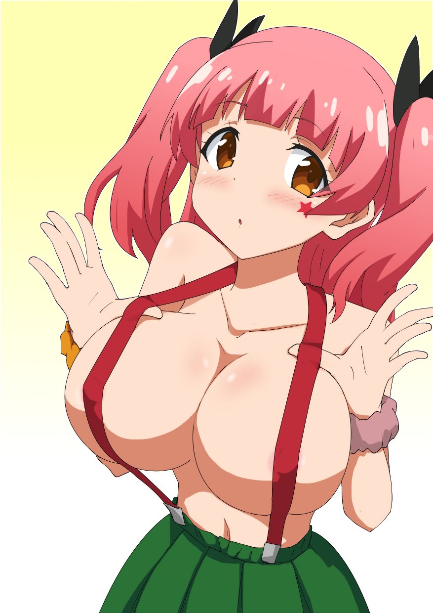 1girl areola_slip blush breasts brown_eyes cleavage collarbone fujinoki_nene gobanme_no_mayoi_neko gradient_background green_skirt hajimete_no_gal highres large_breasts navel pink_hair pleated_skirt shortstack skirt solo strap_pull suspenders twintails
