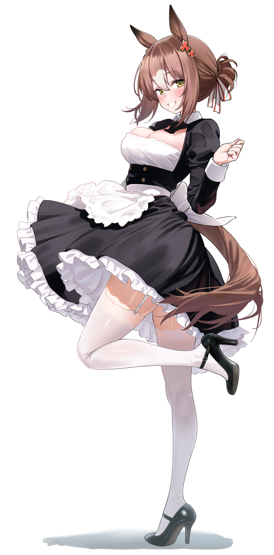 1girl alternate_costume animal_ears apron breasts brown_hair cleavage enmaided fine_motion_(umamusume) full_body garter_straps green_eyes herohero_(higashi_no_dou) highres horse_ears horse_girl looking_at_viewer maid maid_apron medium_breasts simple_background smile solo standing standing_on_one_leg thighhighs umamusume white_apron white_background white_garter_straps white_thighhighs