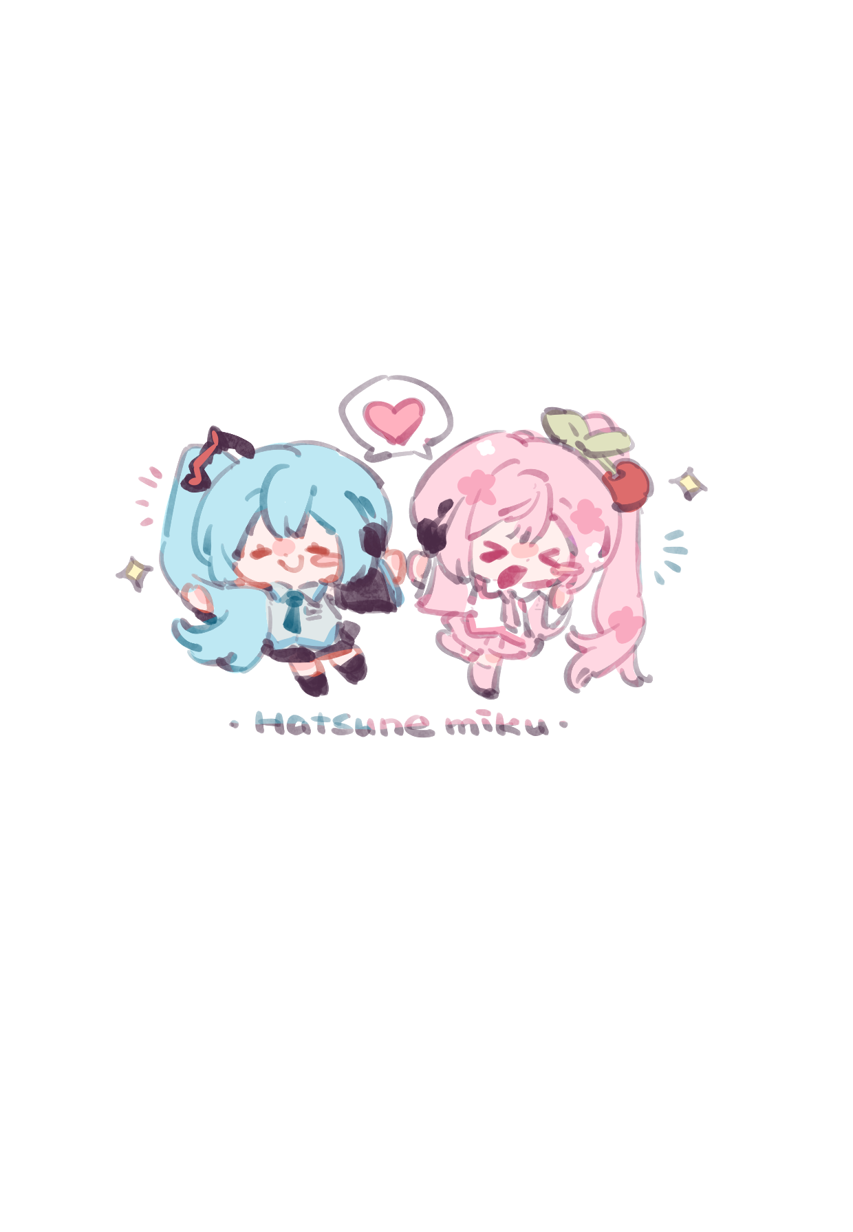>_< 2girls ^_^ bare_shoulders black_boots black_skirt black_sleeves blue_hair blue_necktie blush_stickers boots breast_pocket character_name cherry_hair_ornament chibi closed_eyes closed_mouth collared_shirt commentary detached_sleeves dual_persona eyelashes food-themed_hair_ornament grey_shirt hair_ornament happy hatsune_miku hatsune_miku_(noodle_stopper) headphones heart highres holding_hands knee_boots leaf_hair_ornament liangqi_shi long_hair long_sleeves meme miniskirt multiple_girls necktie notice_lines open_mouth outstretched_arms pink_boots pink_hair pink_necktie pink_skirt pleated_skirt pocket pointing sakura_miku sakura_miku_(noodle_stopper) shared_speech_bubble shirt side_ponytail sidetail_miku_noodle_stopper_(meme) simple_background single_blush_sticker skirt sleeveless sleeveless_shirt smile sparkle speech_bubble spoken_heart very_long_hair vocaloid white_background white_shirt white_sleeves wide_sleeves