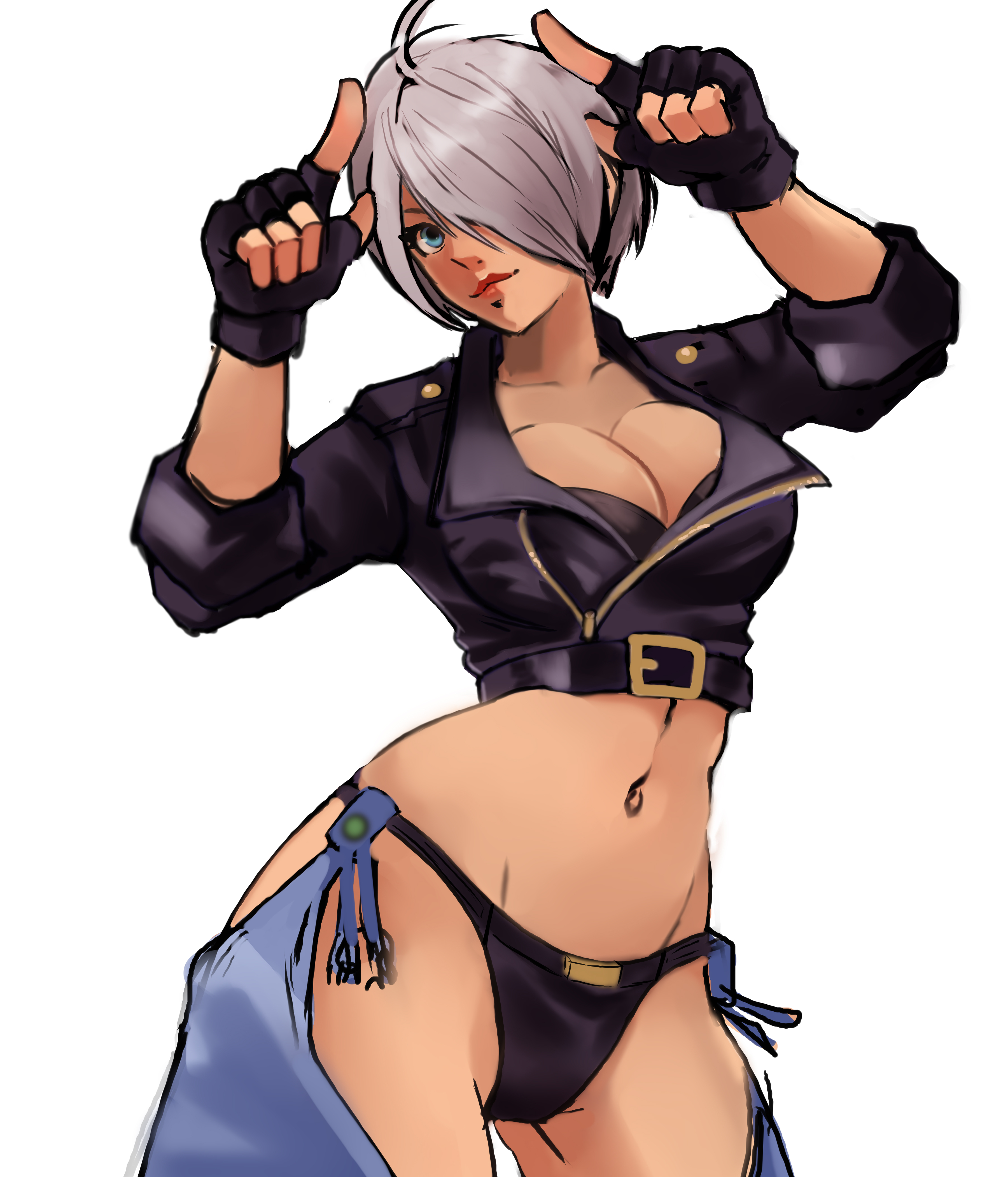 1girl absurdres angel_(kof) blue_eyes breasts cleavage female_focus fingerless_gloves gloves greencash grey_hair highres jacket large_breasts leather leather_gloves leather_jacket pale_skin panties short_hair solo the_king_of_fighters thighs underwear wide_hips