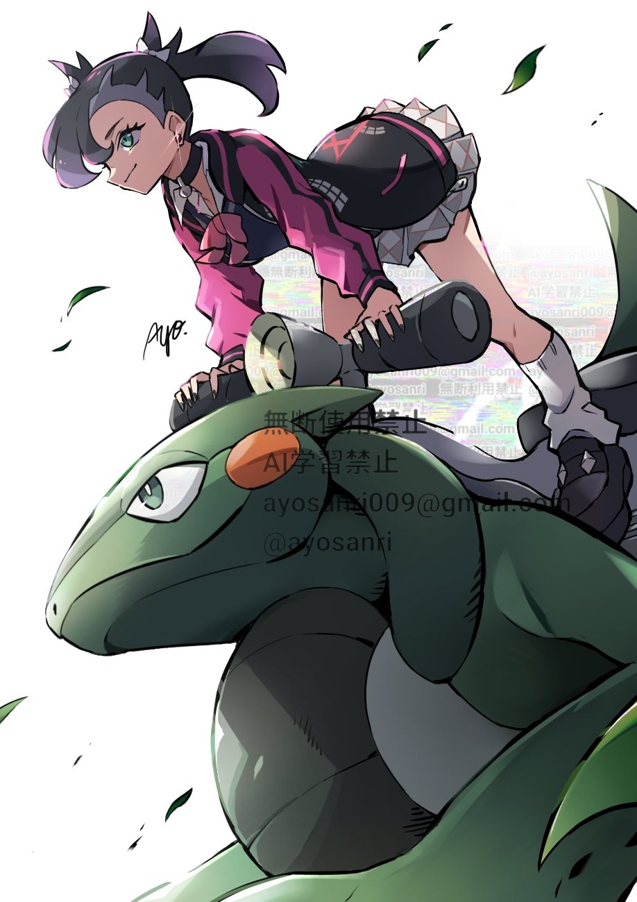 1girl ayo_(ayosanri009) black_choker black_hair black_shoes bow bowtie choker closed_mouth collared_shirt commentary_request creatures_(company) cyclizar earrings eyelashes falling_leaves game_freak glint green_eyes highres holding jacket jewelry knees leaf long_sleeves marnie_(academy)_(pokemon) marnie_(pokemon) nintendo official_alternate_costume pink_bow pink_bowtie pink_jacket pleated_skirt pokemon pokemon_(creature) pokemon_masters_ex shirt shoes skirt smile socks watermark white_background white_shirt white_socks