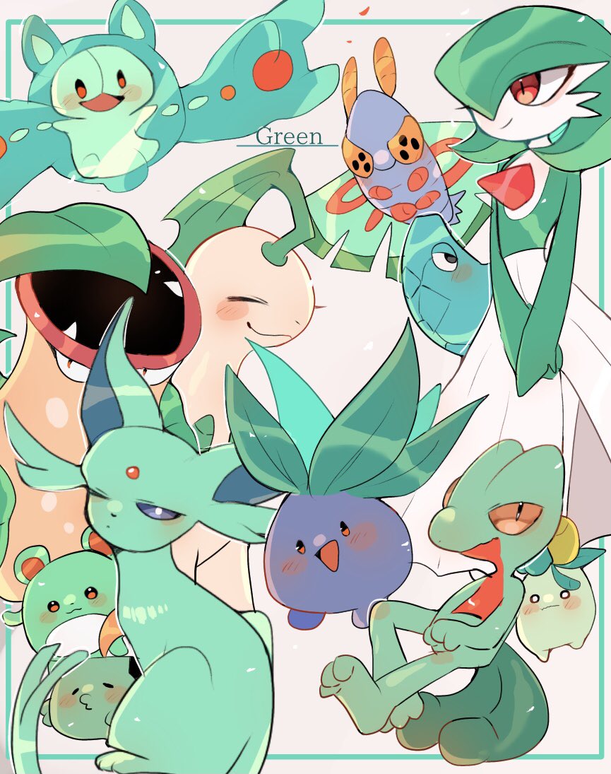 alternate_color bayleef blush bob_cut closed_eyes colored_skin dress dustox espeon fangs forehead_jewel game_freak gardevoir gen_1_pokemon gen_2_pokemon gen_3_pokemon gen_5_pokemon green_fur green_hair green_skin gulpin hair_over_one_eye leaf marill metapod multicolored_skin nintendo oddish one_eye_closed open_mouth pokemon pokemon_(creature) red_eyes reuniclus seisinnenrei8 shiny_pokemon smile smoliv treecko two-tone_skin v_arms victreebel white_dress white_skin