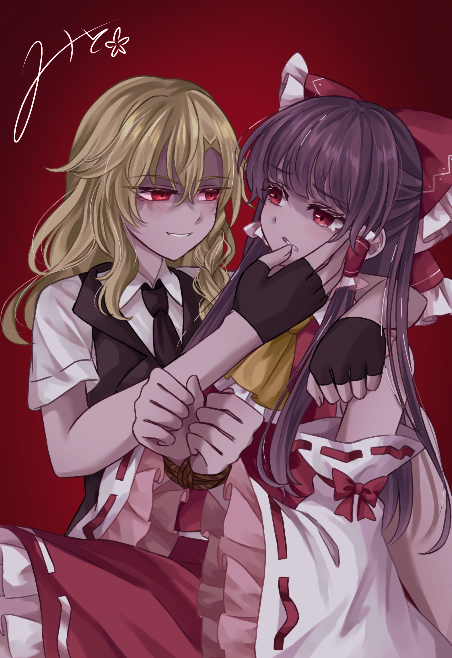 2girls ascot black_gloves black_necktie black_vest blonde_hair bound bound_wrists bow braid brown_hair collared_shirt commentary_request detached_sleeves eye_contact fingerless_gloves frilled_bow frilled_hair_tubes frills gloves hair_bow hair_tubes hakurei_reimu hand_on_another's_cheek hand_on_another's_face highres kirisame_marisa light_blush long_hair looking_at_another mito_(fate) multiple_girls necktie no_headwear red_background red_bow red_eyes red_skirt ribbon-trimmed_sleeves ribbon_trim shirt short_sleeves side_braid signature single_braid skirt skirt_set smile touhou vest white_shirt yandere yellow_ascot yuri