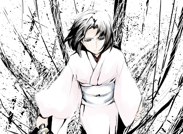 1girl bad_id bad_pixiv_id be be_(beaker) black_hair female_focus japanese_clothes kara_no_kyoukai kimono monochrome muted_color ryougi_shiki short_hair solo sword weapon