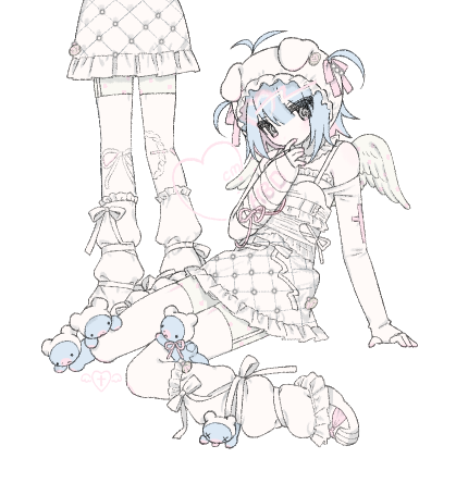 1girl antenna_hair bare_shoulders blue_hair dress frilled_dress frills hair_ribbon hat hat_with_ears jacket leg_warmers lowres medium_hair multiple_views original pink_ribbon ribbon shoes simple_background two_side_up u_emper white_background white_dress white_footwear white_hat white_jacket white_leg_warmers white_ribbon wings