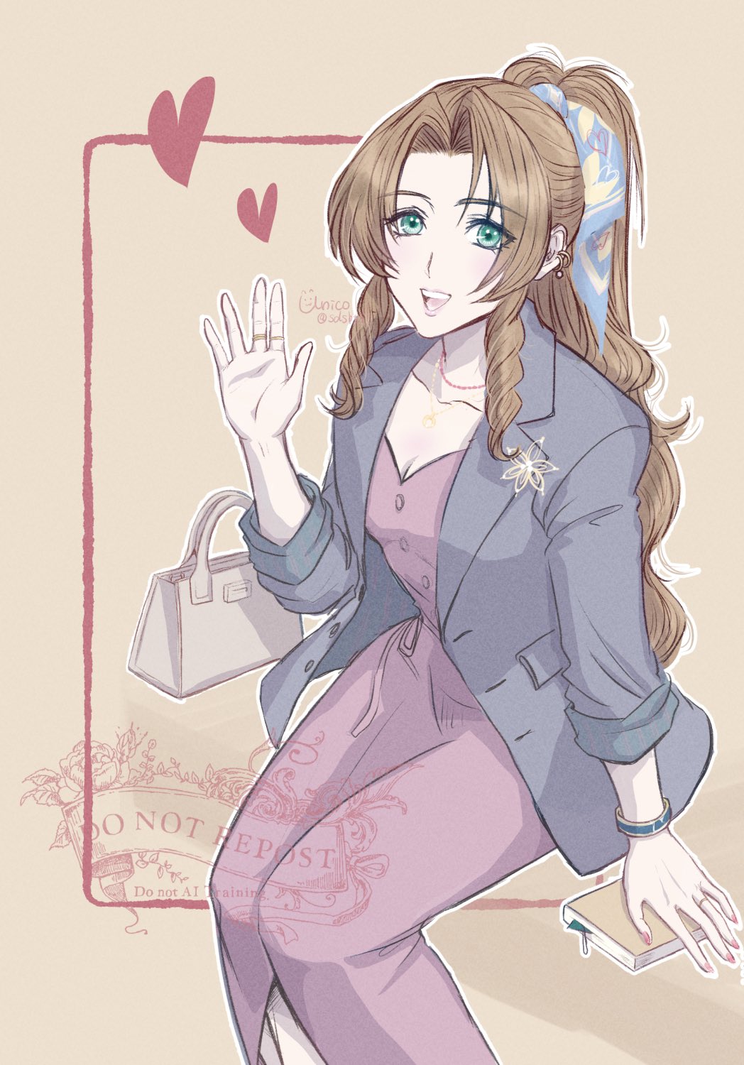 1girl aerith_gainsborough alternate_costume bag blue_ribbon book bookmark bracelet breasts brown_background brown_dress brown_hair center_opening cleavage dress earrings feet_out_of_frame final_fantasy final_fantasy_vii flower_brooch green_eyes grey_jacket hair_ribbon handbag highres jacket jewelry long_dress long_hair medium_breasts multiple_earrings multiple_necklaces multiple_rings nail_polish open_mouth parted_bangs pink_nails ponytail ribbon ring sdsbtfl sidelocks sitting sleeves_rolled_up smile solo suit_jacket twintails upper_body