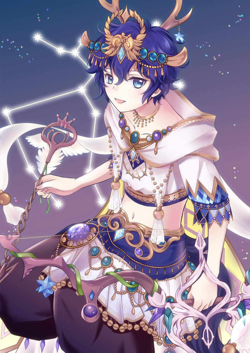 1boy alice_closet bishounen black_shorts blue_eyes blue_gemstone bow_(weapon) collarbone commentary_request feet_out_of_frame gem hair_between_eyes highres holding holding_bow_(weapon) holding_weapon looking_at_viewer male_focus midriff navel open_mouth purple_gemstone purple_hair sagittarius_(constellation) sagittarius_(symbol) sagittarius_(zodiac) shiikasan shirt short_hair short_sleeves shorts smile snowdrop_(alice_closet) solo tassel weapon white_shirt zodiac
