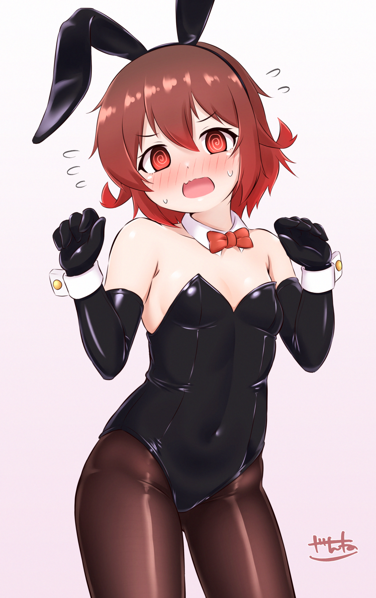 1girl @_@ alternate_costume animal_ears black_gloves black_hairband black_leotard black_pantyhose blush bow bowtie breasts brown_hair covered_navel detached_collar elbow_gloves fake_animal_ears gloves gradient_hair hair_between_eyes hairband highleg highleg_leotard highres kantai_collection leotard multicolored_hair mutsuki_(kancolle) nose_blush open_mouth pantyhose playboy_bunny rabbit_ears red_bow red_bowtie red_hair short_hair small_breasts solo strapless strapless_leotard white_wrist_cuffs wrist_cuffs zanne