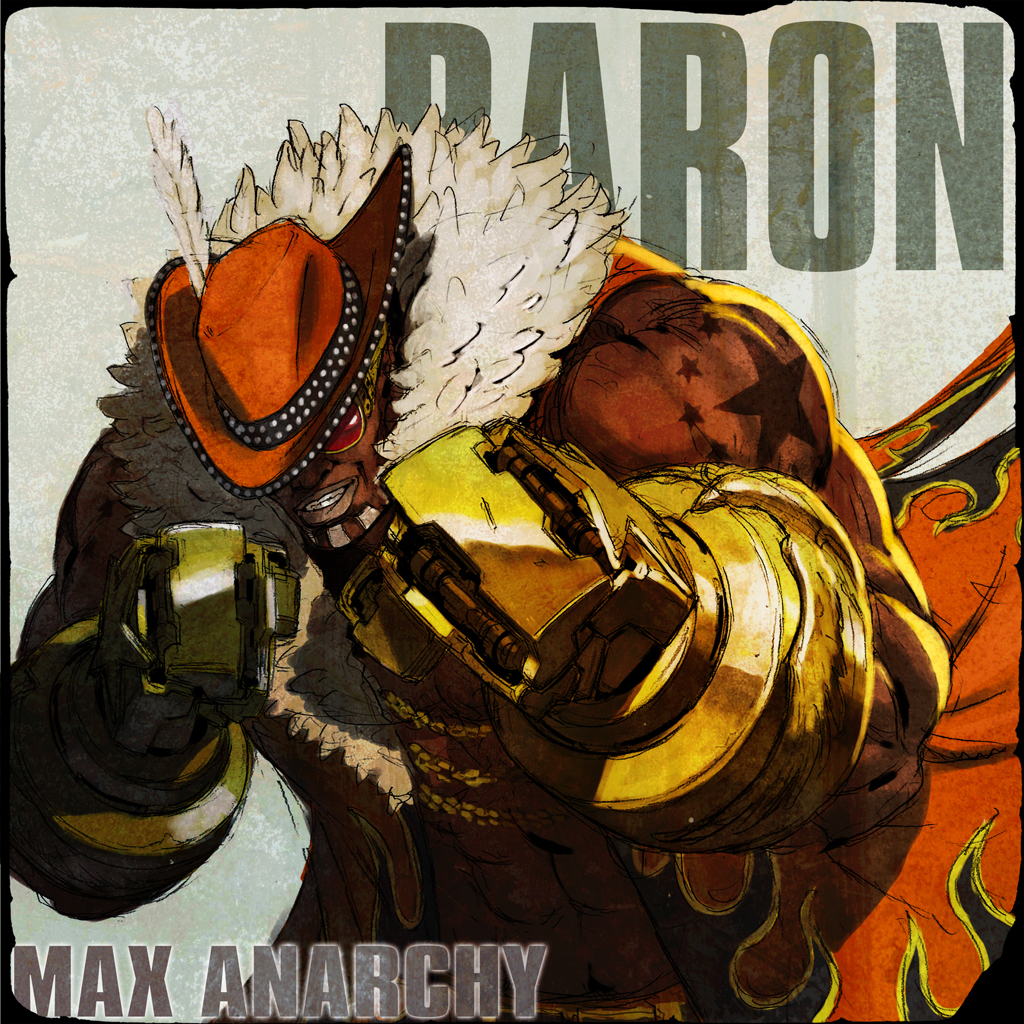 1boy abs bare_shoulders beard black_baron blacker_baron chain character_name copyright_name cyborg dark-skinned_male dark_skin facial_hair feathers fedora fighting_stance flame_print fur_trim goatee grin hat hat_feather lips looking_at_viewer madworld male_focus max_anarchy mechanical_arms muscular official_art open_clothes open_vest single_mechanical_arm sketch smile solo star_(symbol) star_tattoo sunglasses tattoo upper_body vest yoshimura_ken&#039;ichirou yosshii