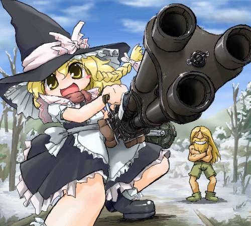 1boy 1girl autocannon blonde_hair braid cannon crossover electronic_firearm enhan foreshortening gatling_gun gun hat huge_weapon kirisame_marisa lowres m197_electric_cannon metal_slug minigun multiple-barrel_gun muzzle_clamp old old_man open_mouth parody prisoner_of_war_(metal_slug) rotary_cannon shoes side_braid skirt snk touhou weapon witch witch_hat yellow_eyes