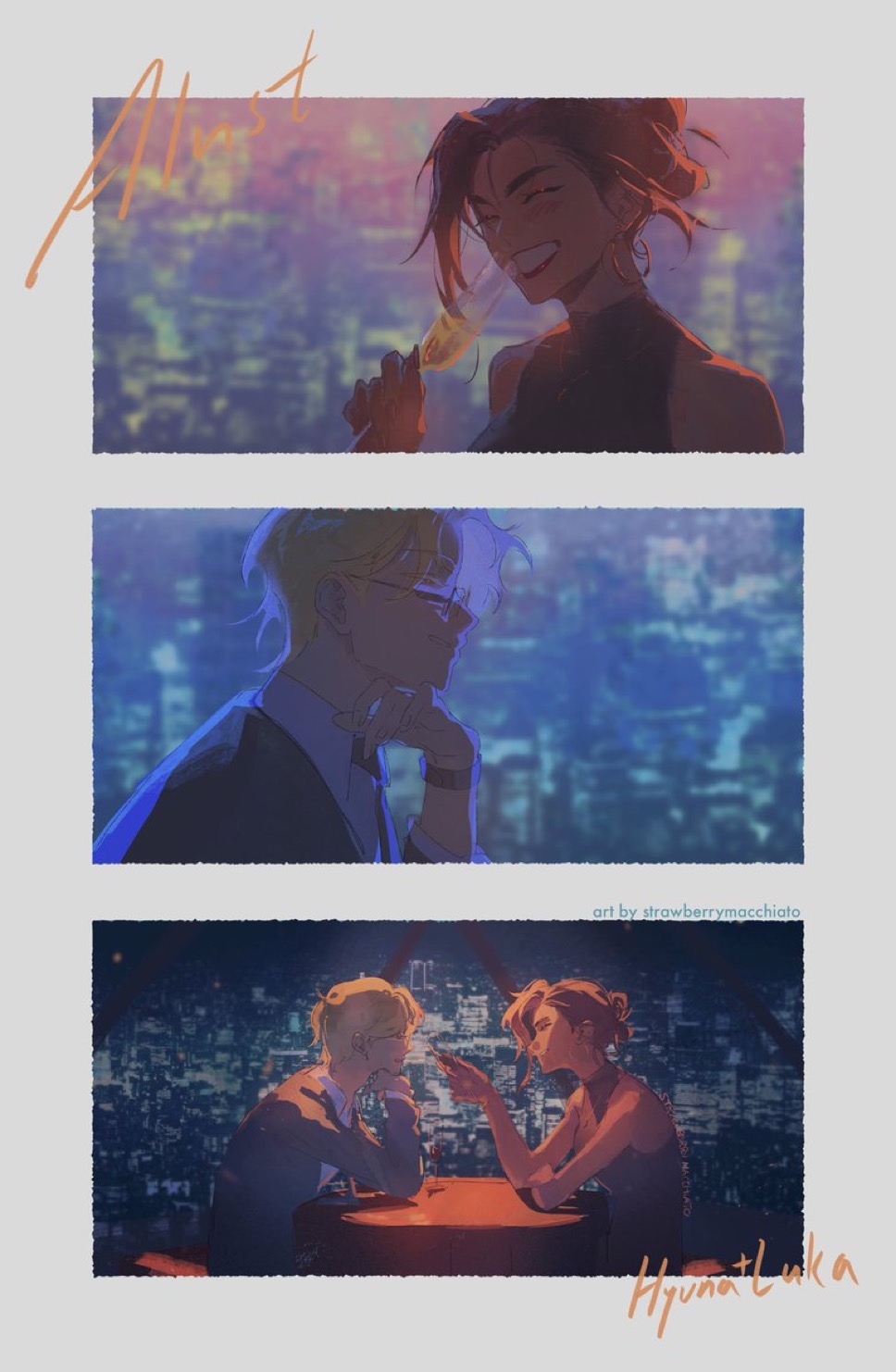 1boy 1girl alien_stage blonde_hair border brown_hair champagne_flute character_name cityscape closed_eyes copyright_name cup dark-skinned_female dark_skin dress drinking_glass elbows_on_table from_side glasses hand_on_own_chin highres holding holding_cup hyuna_(alien_stage) looking_at_another luka_(alien_stage) multiple_views sberrymacchiato short_hair sleeveless sleeveless_dress smile turtleneck turtleneck_dress white_border