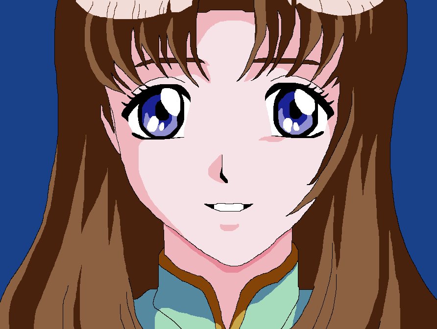 1girl :d blue_background blue_eyes brown_hair close-up female_focus grin long_hair looking_at_viewer mushrambo oekaki open_mouth parted_bangs shindou_yakumo simple_background smile solo turtleneck