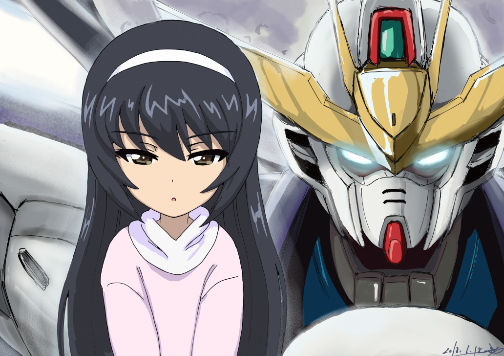 10s 1girl after_war_gundam_x artist_name black_hair brown_eyes bukkuri commentary cosplay dated female_focus girls_und_panzer gundam gundam_x hairband long_hair long_sleeves looking_at_viewer mecha parted_lips purple_shirt reizei_mako robot shirt signature solo tiffa_adill tiffa_adill_(cosplay) upper_body white_hairband