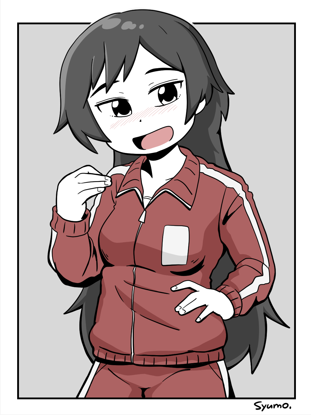 1girl :d black_hair blush breasts cowboy_shot hand_on_own_hip highres jacket long_hair long_sleeves looking_to_the_side matsumoto_kouko medium_breasts open_mouth red_jacket red_track_suit signature simple_background smile solo swept_bangs syumo track_jacket track_suit very_long_hair watashi_ni_tenshi_ga_maiorita!