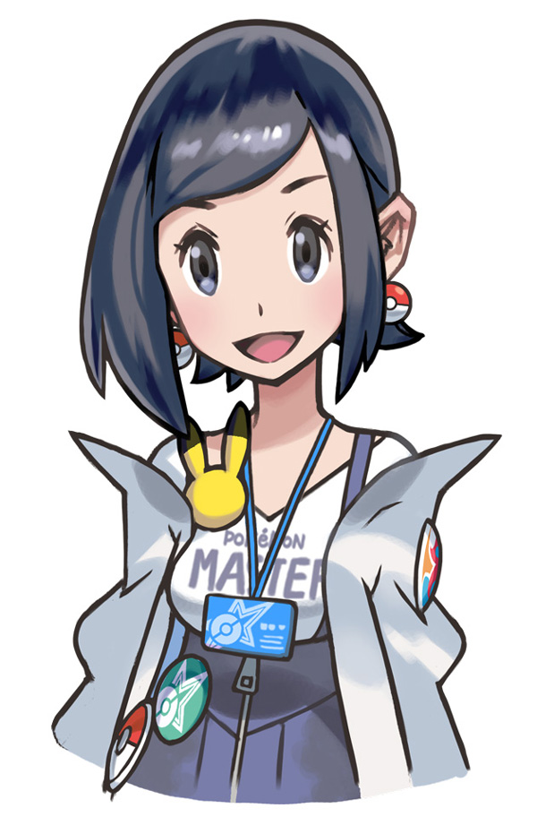 1girl badge black_eyes black_hair blue_skirt blush body_blush breasts button_badge character_badge clothes_writing collarbone copyright_name earrings gen_1_pokemon gen_2_pokemon hair_behind_ear id_card jacket jewelry kana_(pokemon) medium_breasts nintendo off-shoulder_jacket off_shoulder official_art open_clothes open_jacket open_mouth pikachu poke_ball_earrings poke_ball_print poke_ball_symbol poke_ball_theme pokemon pokemon_(creature) pokemon_masters_ex porygon2 shirt skirt smile solo star_(symbol) star_print suspender_skirt suspenders tongue upper_body white_background white_jacket white_shirt zipper_pull_tab