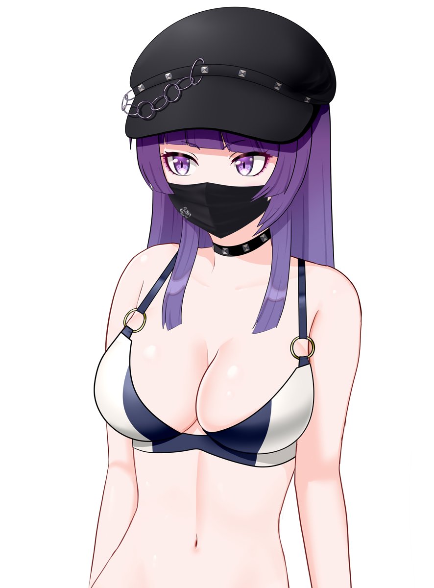 1girl alternate_hairstyle asymmetrical_sidelocks bikini bikini_day black_hat black_mask blunt_bangs blunt_ends breasts choker collarbone diagonal_bangs eyelashes eyeshadow hair_down hat hayama_kamui highres idolmaster idolmaster_shiny_colors large_breasts long_hair looking_to_the_side makeup mask mouth_mask navel o-ring o-ring_bikini pink_eyeshadow purple_eyes purple_hair sidelocks simple_background solo studded_choker swimsuit tanaka_mamimi white_background