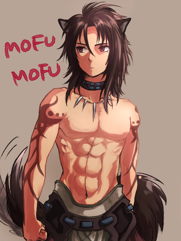 1boy abs animal_ears brown_background brown_hair fire_emblem fire_emblem:_radiant_dawn jewelry kumakosion long_hair male_focus necklace nintendo red_eyes simple_background solo tail tattoo topless_male volug_(fire_emblem) wolf_ears wolf_tail
