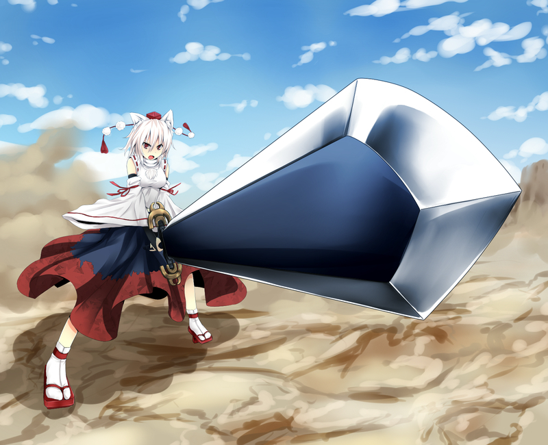1girl alternate_weapon animal_ears bad_id bad_pixiv_id banpresto detached_sleeves dygenguar female_focus fighting_stance foreshortening geta hat huge_weapon inubashiri_momiji parody red_eyes roten_(rotenburo) sandals short_hair solo standing sunrise_stance super_robot_wars super_robot_wars_original_generation sword tabi tengu-geta tokin_hat touhou weapon white_hair wolf_ears