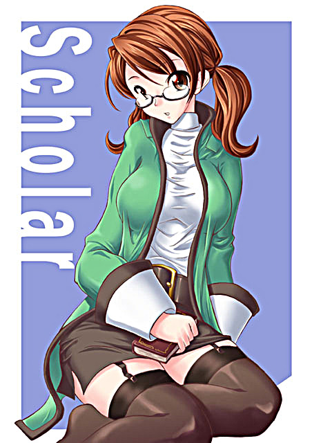 1990s_(style) 1girl book female_focus final_fantasy final_fantasy_iii glasses red_hair refia retro_artstyle short_twintails solo thighhighs twintails