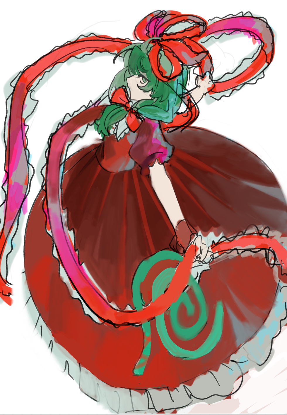 1girl bow dress frilled_dress frills front_ponytail full_body green_eyes green_hair hair_bow hair_ribbon highres kagiyama_hina long_hair puffy_short_sleeves puffy_sleeves red_bow red_dress red_ribbon ribbon short_sleeves simple_background sketch solo touhou white_background xian_qishui