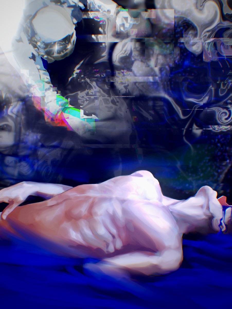 2others astronaut blood blue_blood broken_skull distortion glitch hand_on_own_wrist helmet highres hole_in_head kim_dokja lying macaronijail multiple_others omniscient_reader&#039;s_viewpoint on_back open_skull reaching reaching_towards_another ribs skinny space_helmet sparkle tongue tongue_out yoo_joonghyuk
