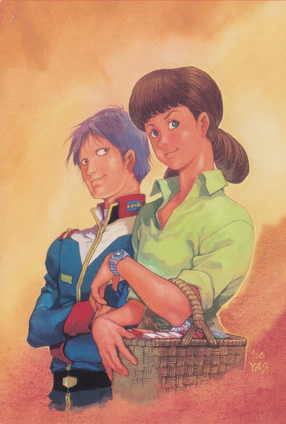 1boy 1girl 2006 basket belt dated earth_federation gundam kai_shiden looking_at_viewer miharu_ratokie military_rank_insignia military_uniform mobile_suit_gundam mobile_suit_gundam_the_origin official_art painting_(medium) promotional_art purple_hair red_hair scan science_fiction signature traditional_media watch wristwatch yasuhiko_yoshikazu
