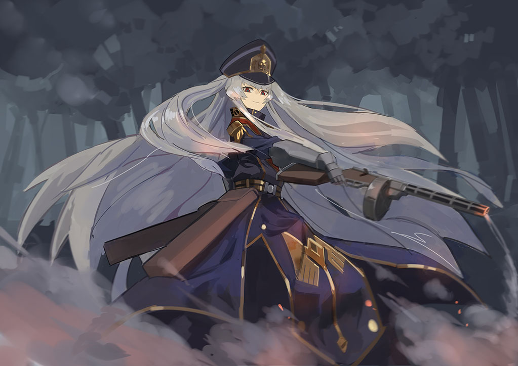1girl altair_(re:creators) arm_up belt belt_bag bib black_coat black_hat blue_eyes brown_bag buttons closed_mouth coat coat_dress dress dust_cloud epaulettes gauntlets gold_trim gun hair_flowing_over hat high_collar holding holding_gun holding_weapon hot_barrel larry_(anjisbai) long_dress long_sleeves looking_at_viewer multicolored_eyes outdoors ppsh-41 re:creators red_eyes shako_cap sidelocks smile solo standing submachine_gun tree twintails two-tone_eyes weapon white_hair wing_print