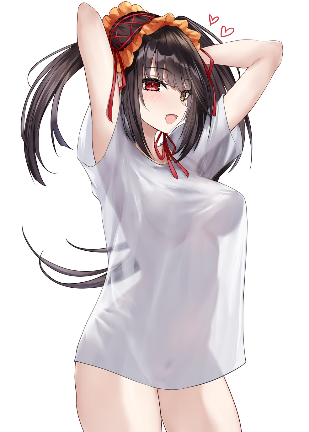 1girl :d arms_up asle black_hair breasts cowboy_shot cut-here_line date_a_live dotted_line frilled_hairband frills hairband heterochromia highres like_and_retweet medium_breasts no_pants open_mouth pubic_hair pubic_hair_peek red_eyes see-through_clothes see-through_shirt see-through_silhouette shirt smile solo tokisaki_kurumi twintails twitter_cutting_game twitter_strip_game white_shirt yellow_eyes