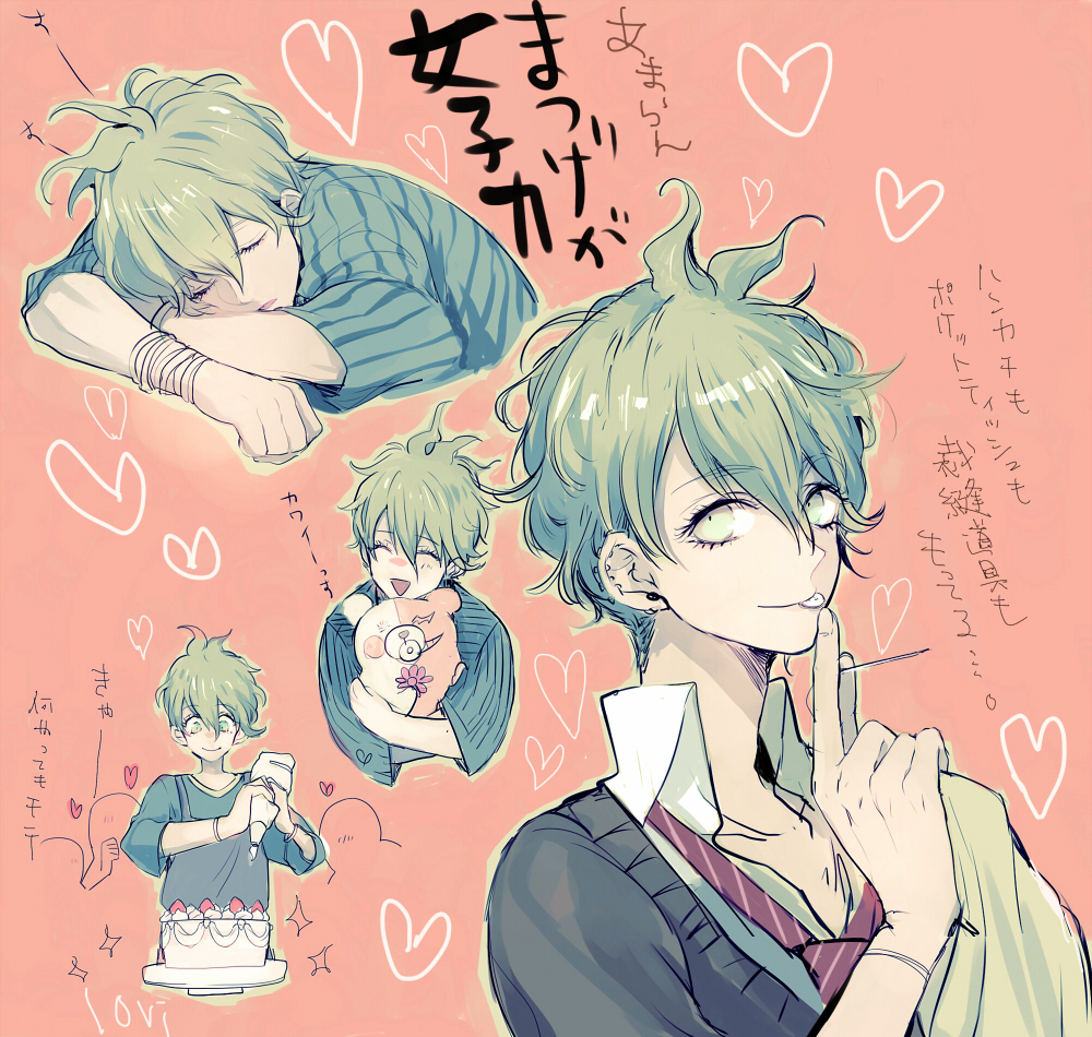 1boy amami_rantaro animal antenna_hair apron bear black_jacket blanket blue_apron blue_shirt bracelet cake closed_eyes closed_mouth collared_shirt commentary_request cropped_torso crossed_arms danganronpa_(series) danganronpa_v3:_killing_harmony earrings eyelashes fingernails flower food fruit green_eyes green_hair green_outline hair_between_eyes heart holding holding_animal holding_blanket holding_pipette holding_sewing_needle jacket jewelry lovi_(momoko37) male_focus messy_hair mouth_hold multiple_bracelets multiple_views necktie official_alternate_costume orange_background outline pacifier parted_lips pink_flower pipette red_necktie school_uniform shirt short_hair simple_background sleeping smile sparkle strawberry strawberry_shortcake striped_clothes striped_necktie striped_shirt stud_earrings sweater_jacket translation_request vertical-striped_sleeves white_shirt