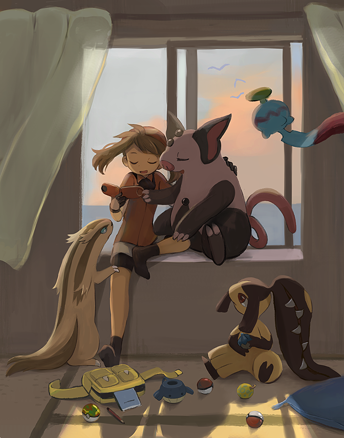1girl berry_(pokemon) black_legwear brown_hair chimecho closed_eyes curtains day floating_hair gen_3_pokemon gloves grumpig holding linoone mawile may_(pokemon) nintendo open_mouth poke_ball poke_ball_(basic) pokemon pokemon_(creature) pokemon_rse popcorn_91 red_shirt shirt sitting socks window windowsill
