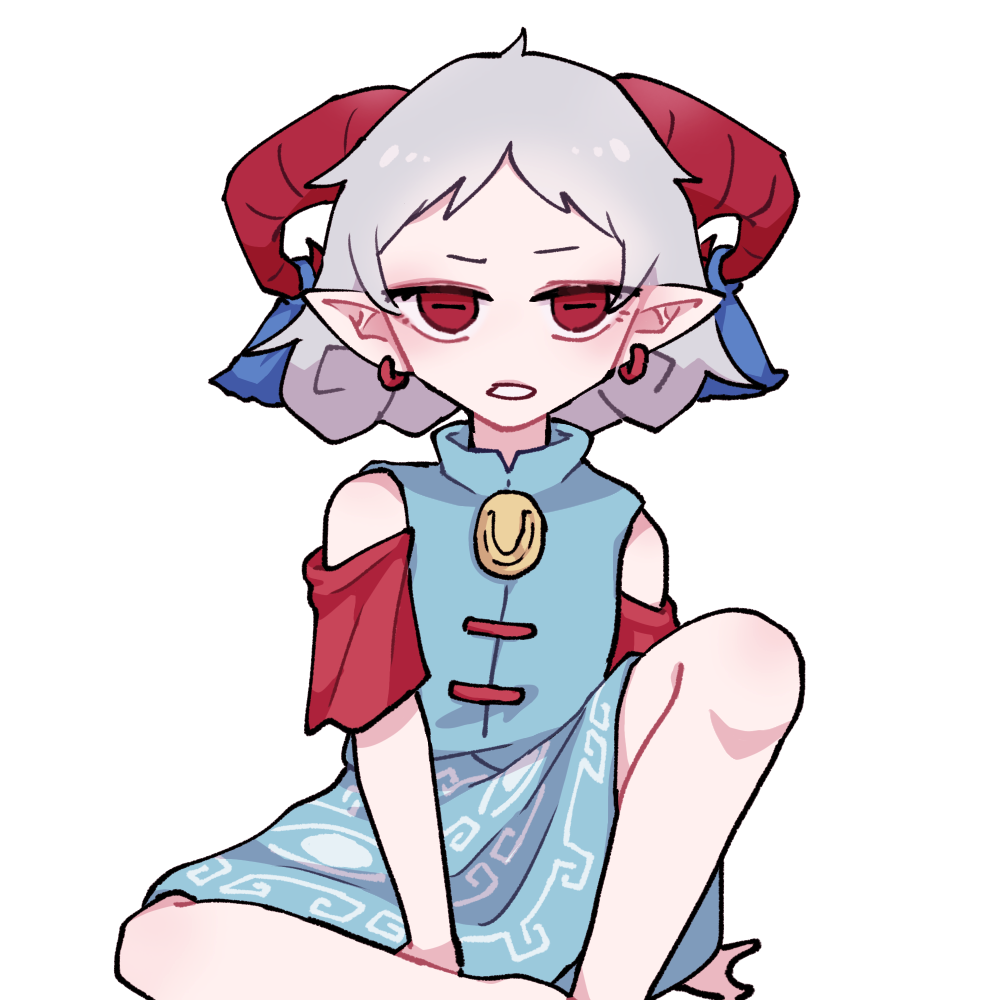1girl bare_shoulders blue_dress blue_ribbon brooch commentary_request curled_horns detached_sleeves dress earrings feet_out_of_frame frown grey_hair horizontal_pupils horn_ornament horn_ribbon horns jewelry knee_up looking_at_viewer meandros parted_bangs parted_lips patterned_clothing pointy_ears print_dress red_eyes red_horns red_sleeves ribbon sheep_horns short_bangs short_dress short_hair short_sleeves simple_background sitting sleeveless sleeveless_dress solo straight-on tohokune touhou toutetsu_yuuma variant_set white_background yellow_brooch
