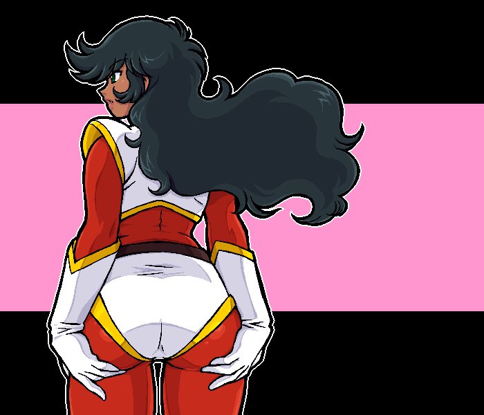 1girl ass black_hair bodysuit dark-skinned_female dark_skin gloves great_mazinger honoo_jun long_hair mazinger_(series) mecha_pilot_suit red_bodysuit skin_tight solo