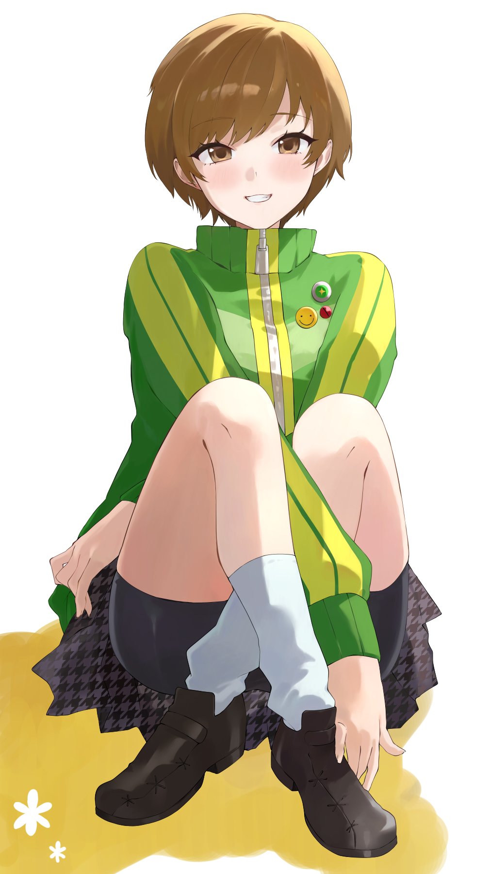 1girl arm_between_legs bike_shorts_under_skirt black_shoes blush brown_eyes brown_hair commentary crossed_legs full_body green_jacket grin highres jacket knees_up konchi_(63438789) long_sleeves loose_socks parted_lips persona persona_4 pleated_skirt satonaka_chie shoes short_hair sitting skirt smile socks solo straight-on thighs white_socks zipper