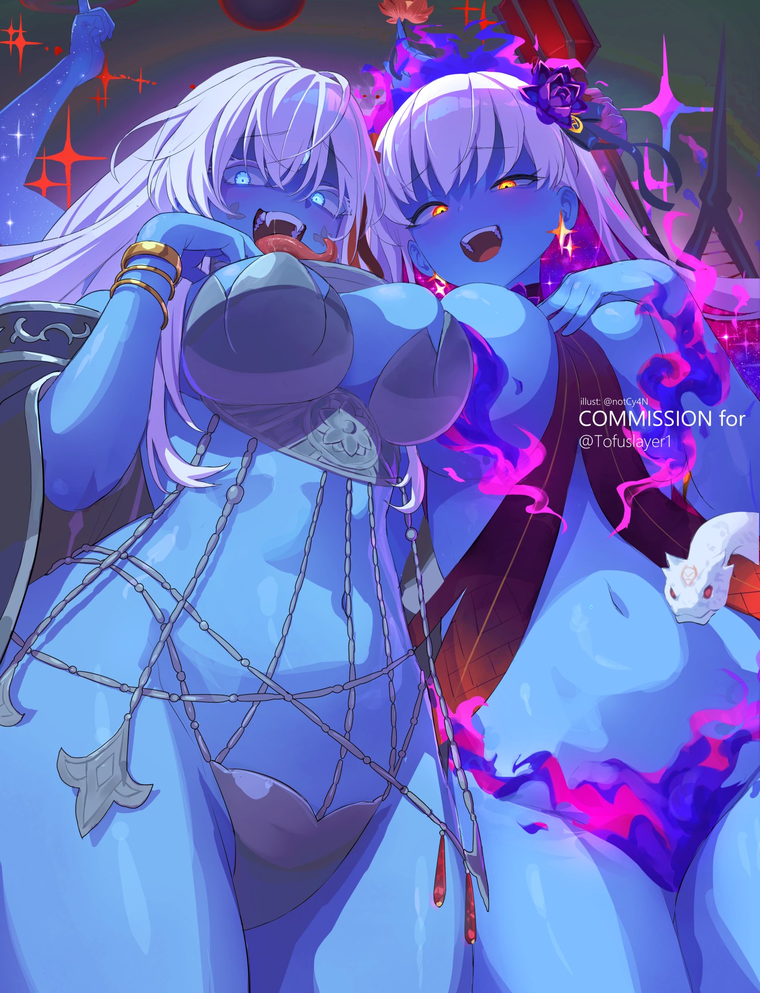 2girls armor bare_shoulders belly_chain bikini_armor blue_eyes blue_fire blue_hair blue_skin bracelet breasts chakram cleavage club_(weapon) colored_inner_hair colored_skin earrings extra_arms fate/grand_order fate_(series) fire flower glowing glowing_eyes hair_flower hair_ornament hair_ribbon highres jewelry kali_(fate) kama_(fate) kama_(swimsuit_avenger)_(third_ascension)_(fate) large_breasts long_hair looking_at_viewer lotus multicolored_hair multiple_girls navel neck_ring necklace notcy4n open_mouth polearm revealing_clothes revision ribbon sash smile snake spear star_(symbol) star_earrings thighs third_eye tongue tongue_out two-tone_hair very_long_hair weapon white_hair yellow_eyes