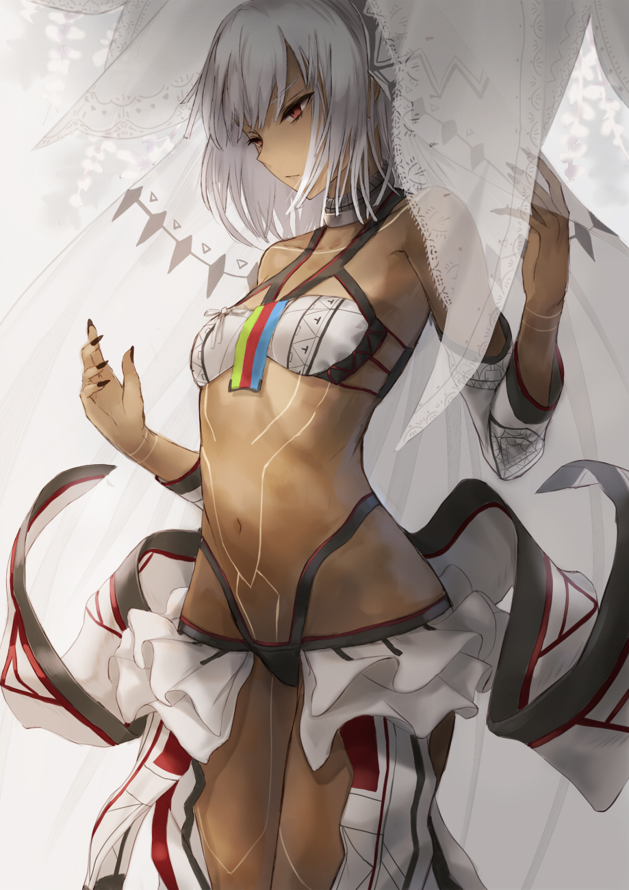1girl altera_(fate) bandeau black_nails breasts closed_mouth commentary cowboy_shot dark-skinned_female dark_skin detached_sleeves duplicate expressionless fate/extella fate/extra fate/grand_order fate_(series) hands_up highleg highres kachi legs_together midriff nail_polish navel pixel-perfect_duplicate red_eyes revealing_clothes showgirl_skirt skirt small_breasts solo veil white_hair white_skirt