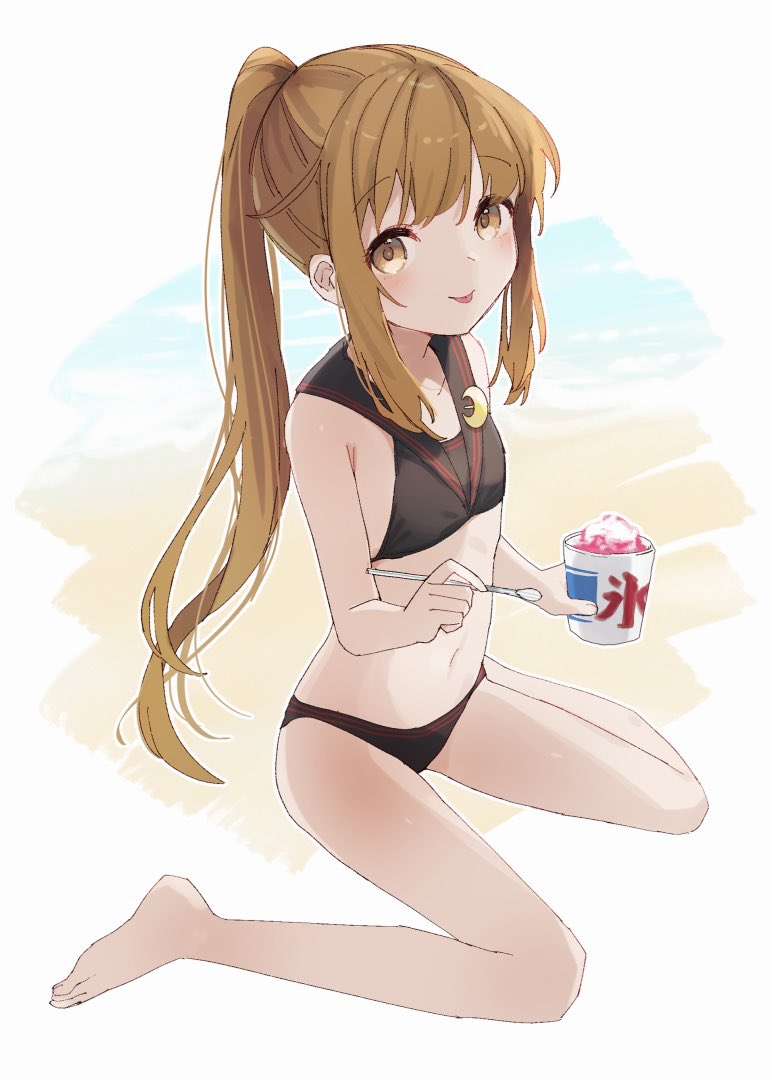 1girl adapted_costume bikini black_bikini black_sailor_collar brown_eyes brown_hair crescent crescent_pin flat_chest food full_body fumizuki_(kancolle) kantai_collection long_hair one-hour_drawing_challenge ponytail sailor_bikini sailor_collar shaved_ice sidelocks sitting solo spoon swimsuit tongue tongue_out wariza yamashichi_(mtseven)